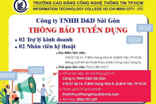 Thông Báo Về việc tuyển dụng nhân sự Công ty TNHH D&D Sài Gòn